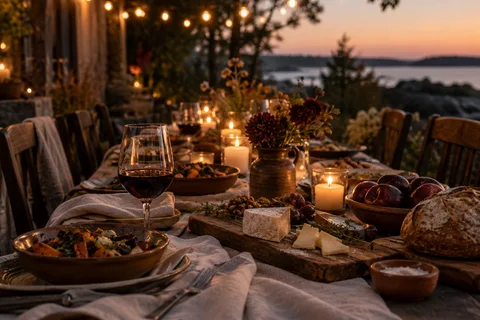 A dining table; editorial artwork, not a photograph of this event