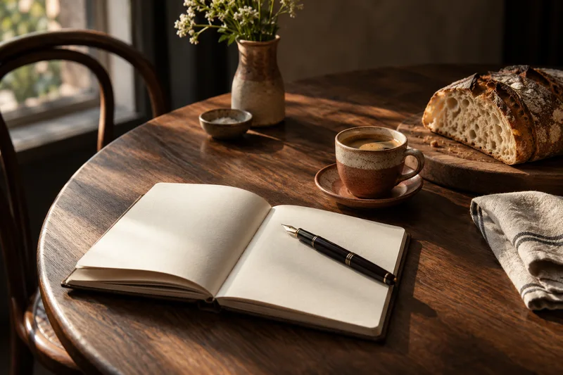 Coffee, a notebook and bread beside a bistro window; conceptual editorial artwork, not a venue photograph