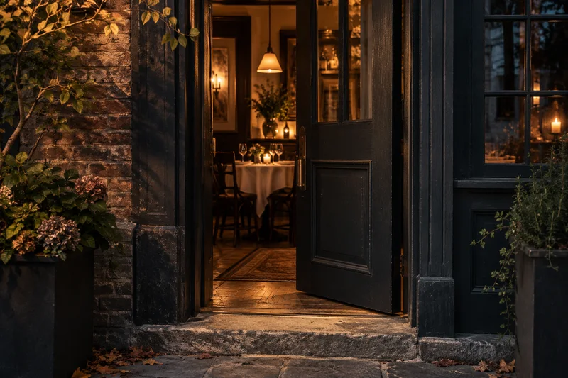 Warm light spilling through an open bistro doorway; conceptual editorial artwork, not a venue photograph