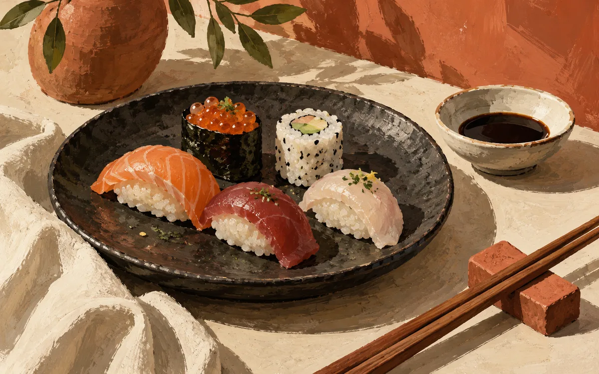 Original AI-generated dining illustration for benkay japanese restaurant; not a photo of the venue or its menu.