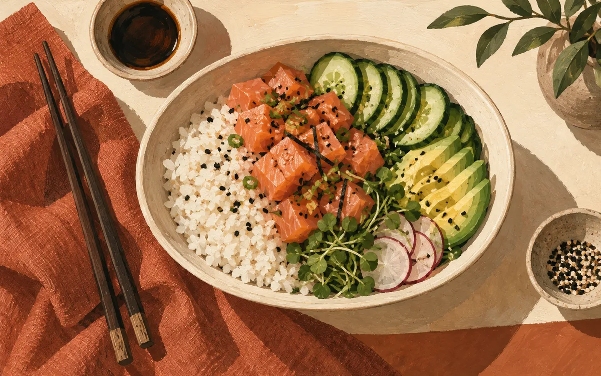 Original AI-generated dining illustration for crunchy poke; not a photo of the venue or its menu.