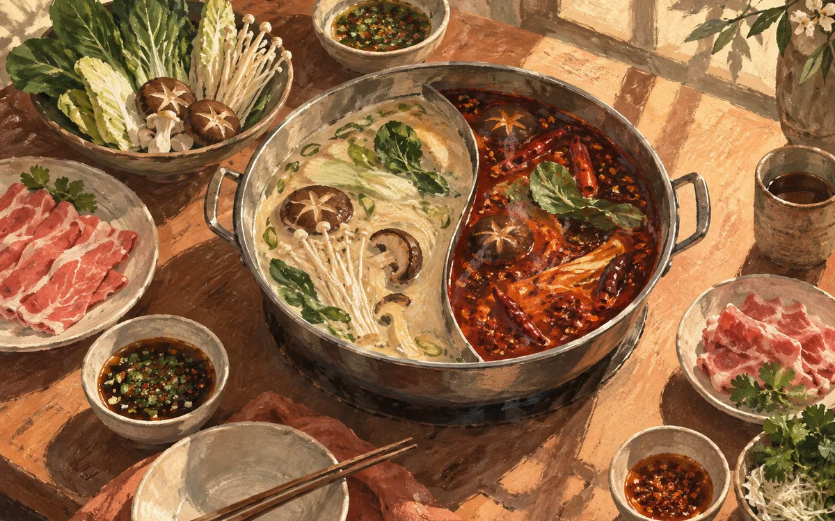 Original AI-generated dining illustration for tuan yuan hotpot; not a photo of the venue or its menu.