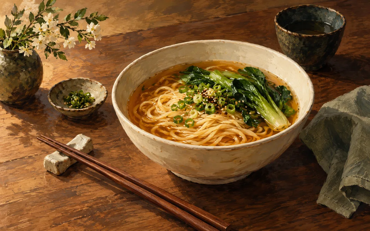 Original AI-generated dining illustration for veranda noodle bar; not a photo of the venue or its menu.