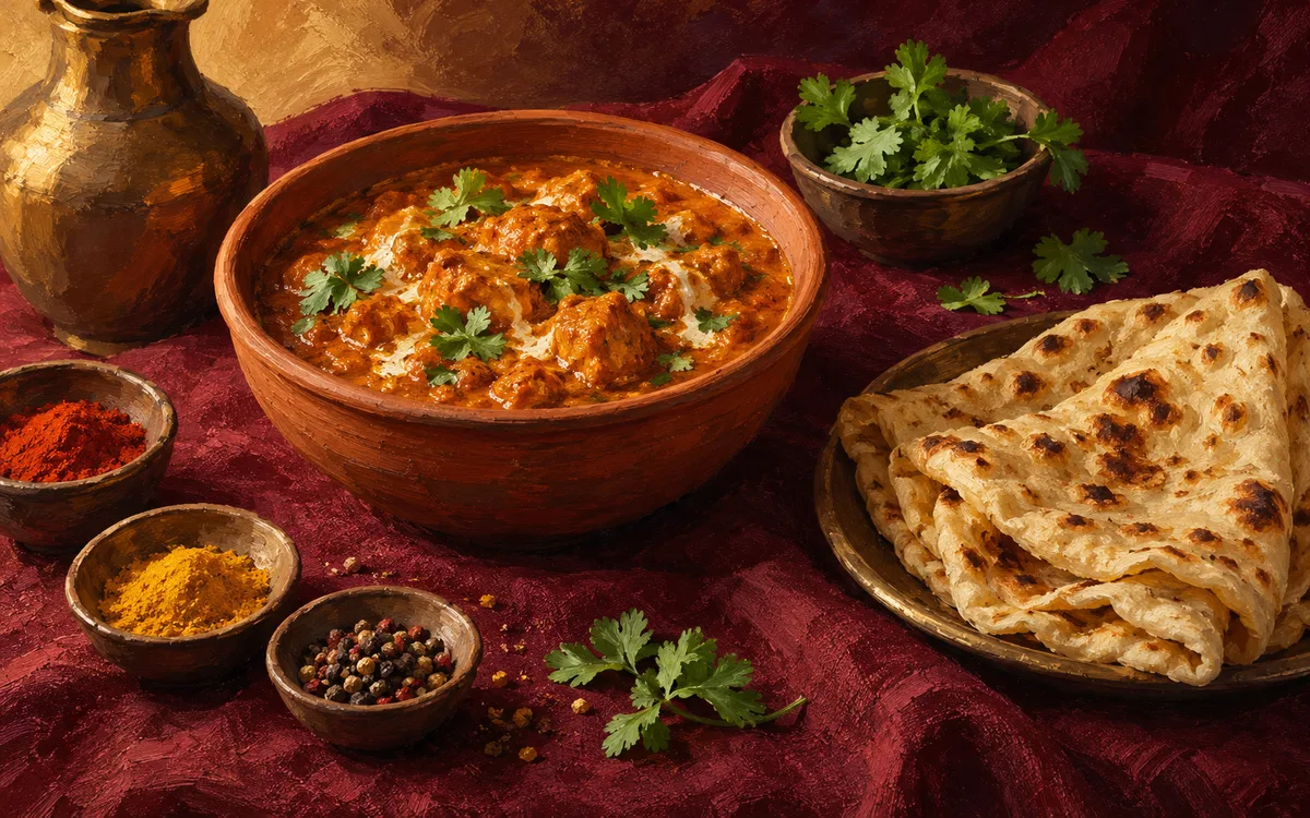 Original AI-generated dining illustration for wow india fusion restaurant and bar; not a photo of the venue or its menu.