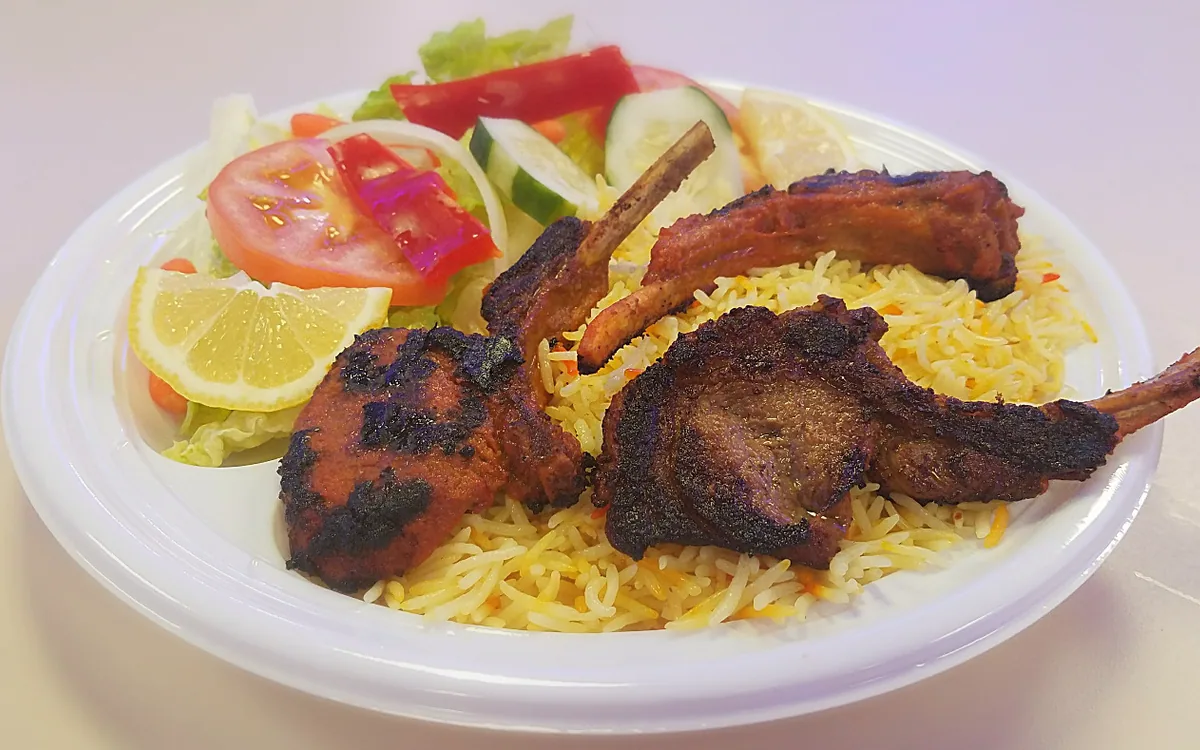 Halal Lamb Chops and Saffron Basmati prepared and sold at Crown Fried Chicken. A halal restaurant in Portland Maine