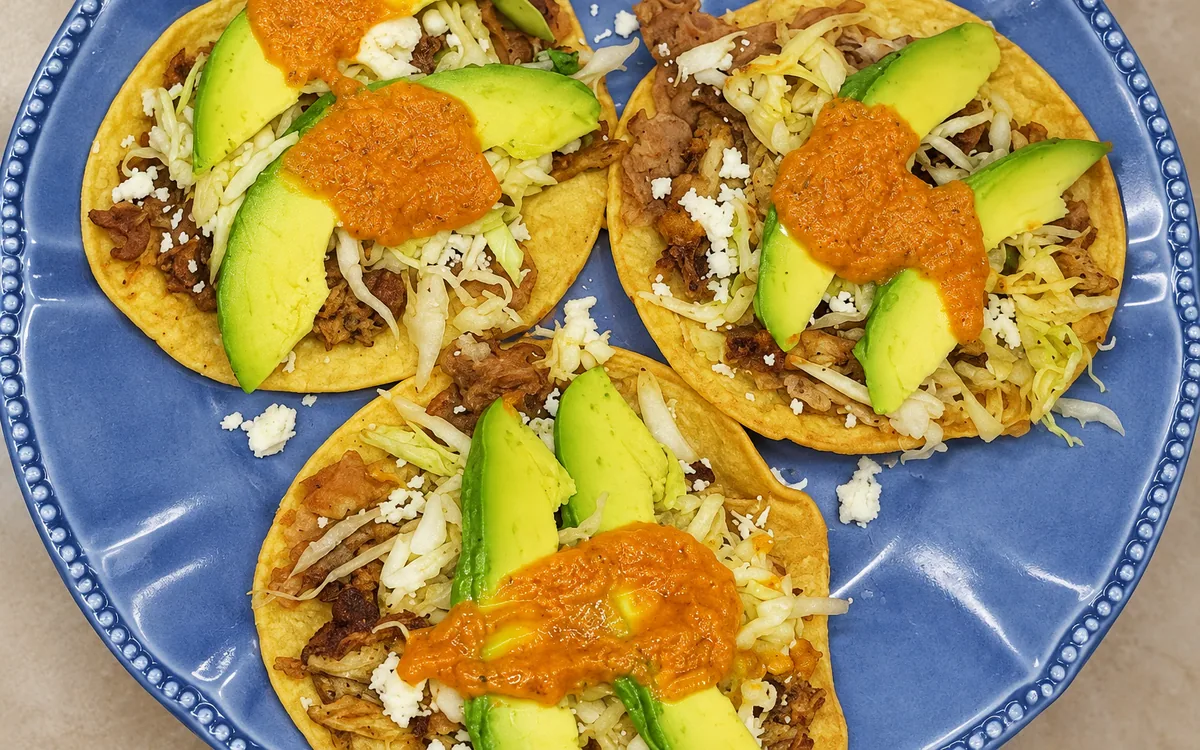 Three tacos with avocado at Flores — AI-retouched restaurant photo
