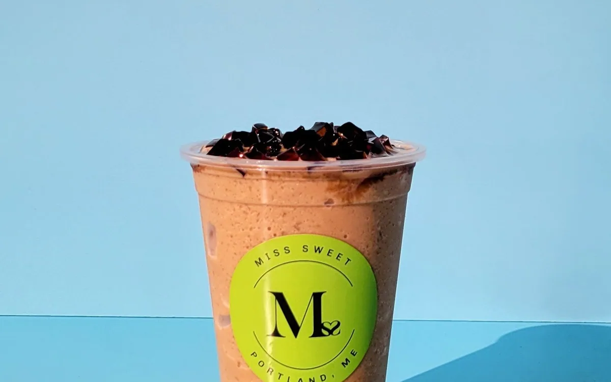 Chilled coffee slush with coffee jelly at Miss Sweet Bubble Tea Store in Portland