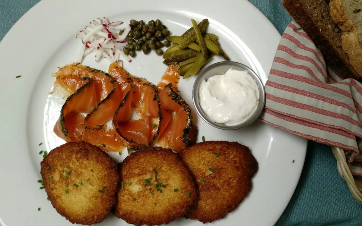 German potato pancakes and accompaniments at Schulte & Herr