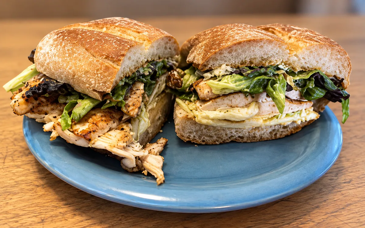 Chicken sandwich on a blue plate at Verbena — AI-retouched restaurant photo